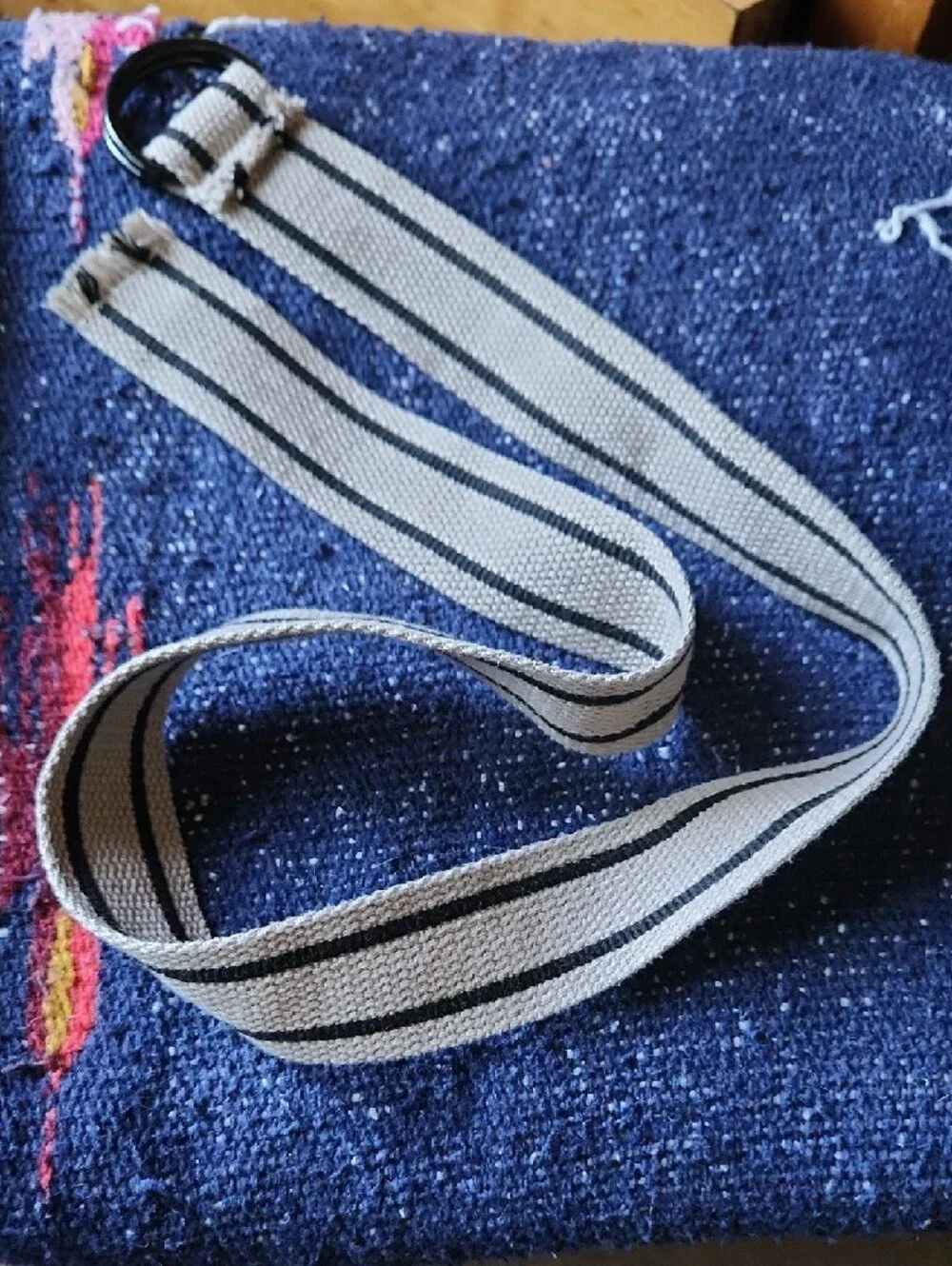 Beige Canvas Woven Kids Belt with Black Pinstripes - Adjustable. 34 Inches. Good